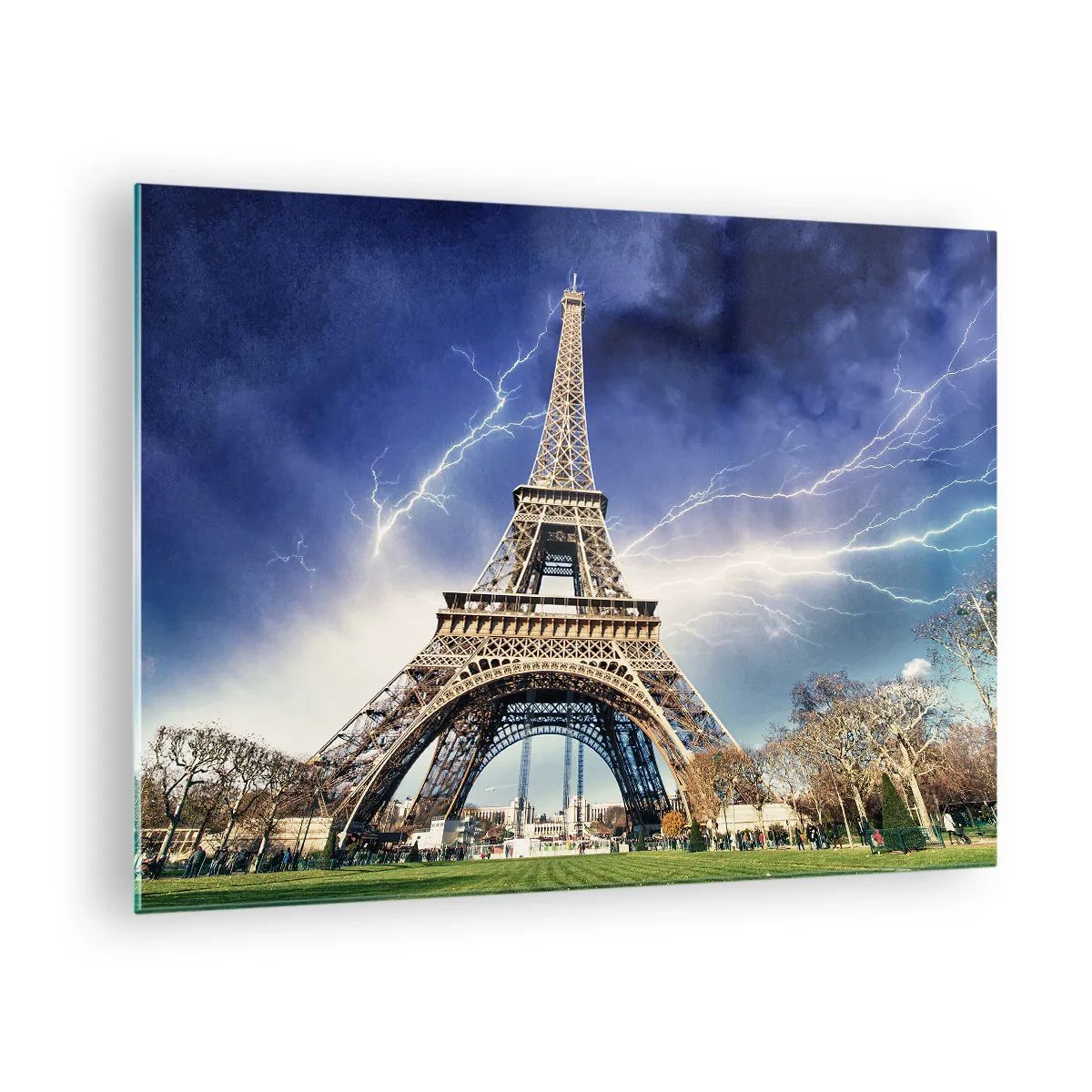 Tablou pe sticlă - Turnul Eiffel înconjurat de fulgere într-o zi noroasă - 70x50cm - Stăpânul furtunilor - Decorațiune modernă pentru perete pentru living și dormitor ARTTOR