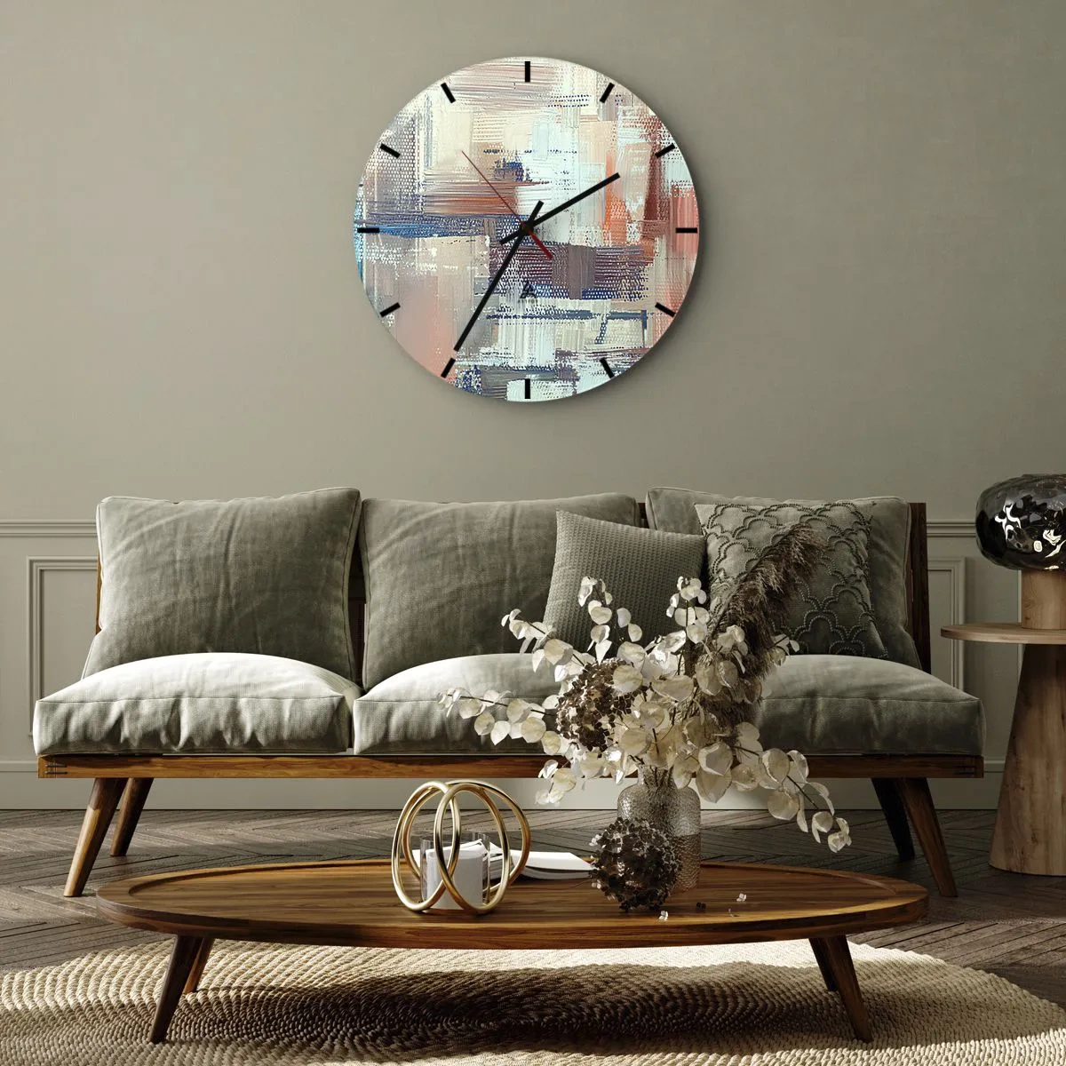 Ceas de perete - Ceas pe sticlă - O compoziție abstractă de tușe de pensulă în culori pastelate. - 30x30cm - Întinde-te spre lumină - Decorațiune modernă pentru perete pentru living, bucătărie și dormitor ARTTOR