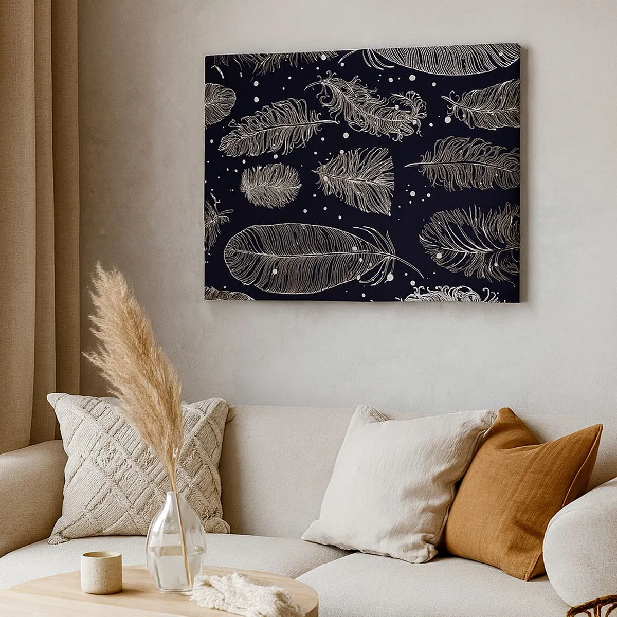 Tablou pe pânză Canvas - Pene albe delicate pe un fundal bleumarin - 70x50cm - Dantelă cu pene - Decorațiune modernă pentru perete pentru living și dormitor ARTTOR