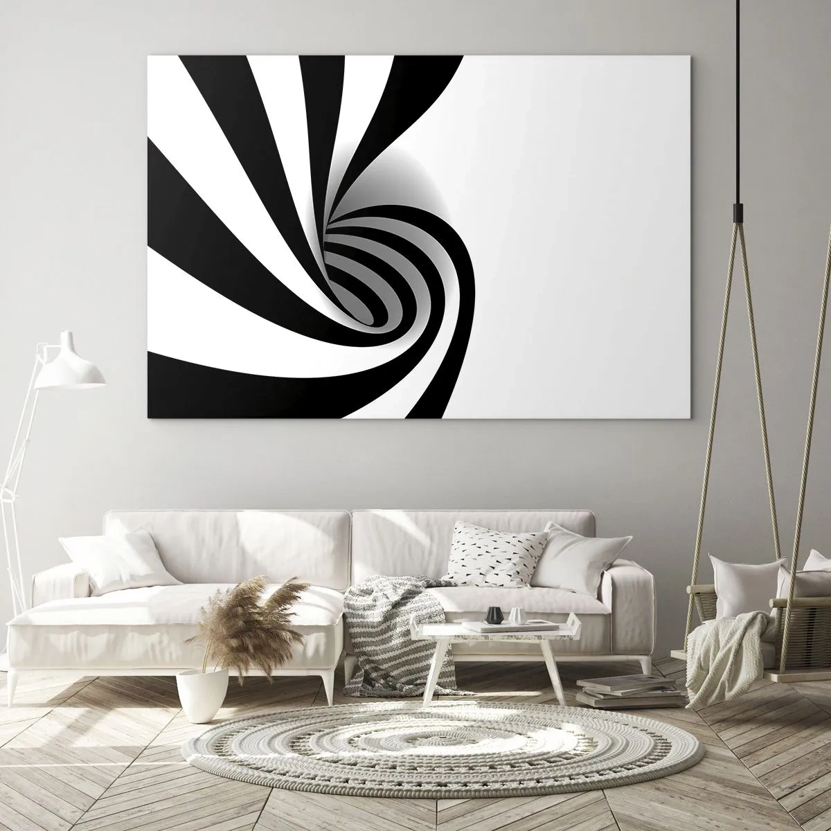Tablou pe sticlă - Spirală abstractă în alb și negru cu o formă dinamică - 70x50cm - Și totuși se mișcă - Decorațiune modernă pentru perete pentru living și dormitor ARTTOR