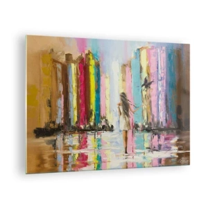 Tablou pe sticlă - O femeie cu o pasăre în fundalul clădirilor colorate - 70x50cm - Urmați-mă - Decorațiune modernă pentru perete pentru living și dormitor ARTTOR
