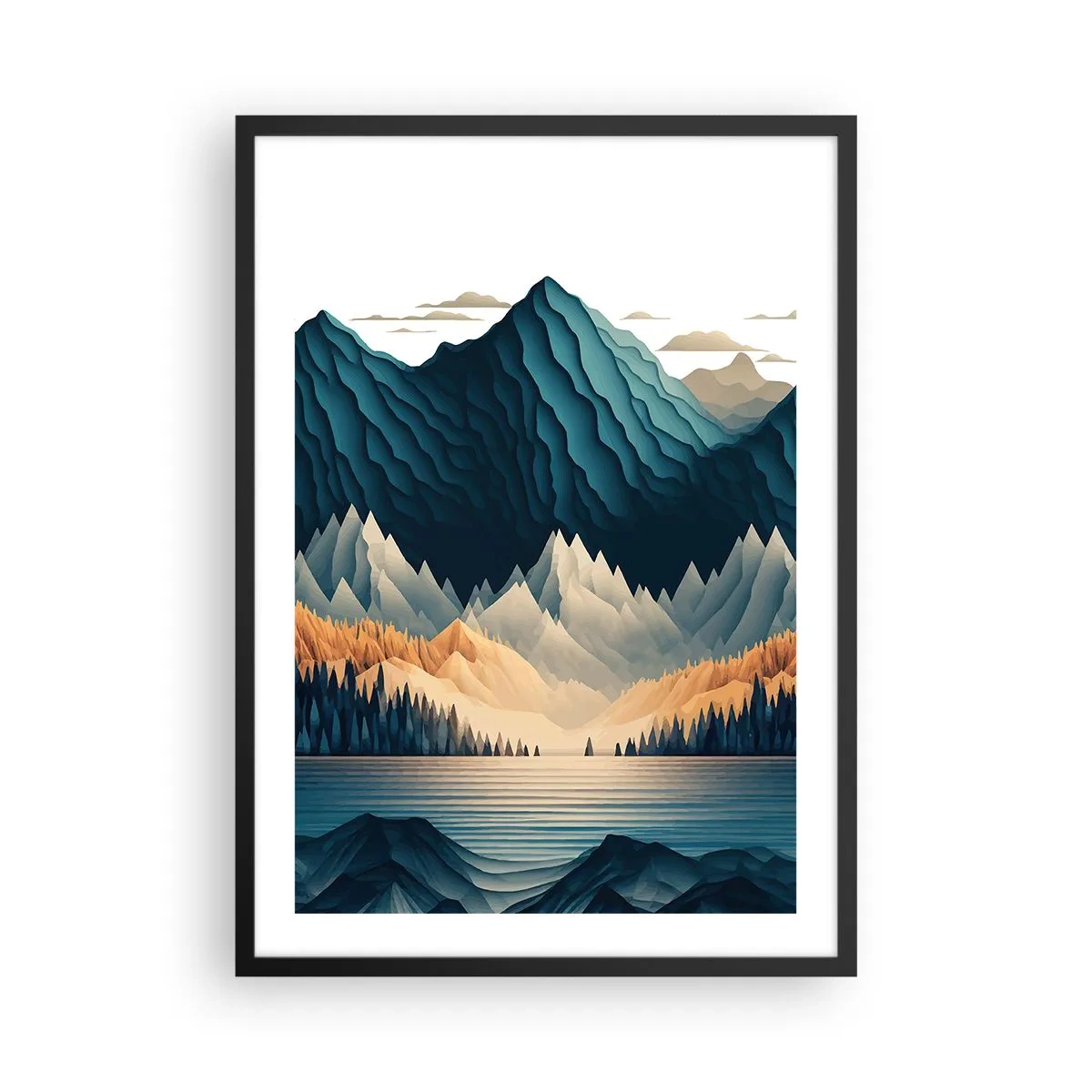Poster în ramă neagră - Peisaj montan stilizat cu un lac în nuanțe de albastru - 50x70cm - Peisaj montan perfect - Decorațiune modernă pentru perete pentru living și dormitor ARTTOR