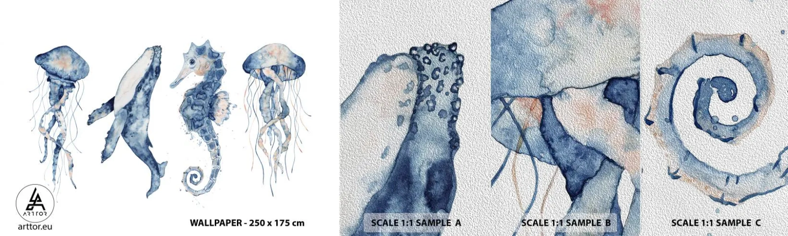 Mostră tapet Premium Sand - Fauna marină sălbatică - Animale marine, calut de mare, meduze - 100x30 cm