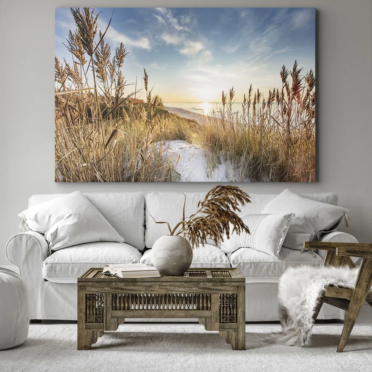 Tablou pe pânză Canvas - O plajă pitorească cu iarbă și soarele apus - 70x50cm - Plaja de nord - Decorațiune modernă pentru perete pentru living și dormitor ARTTOR