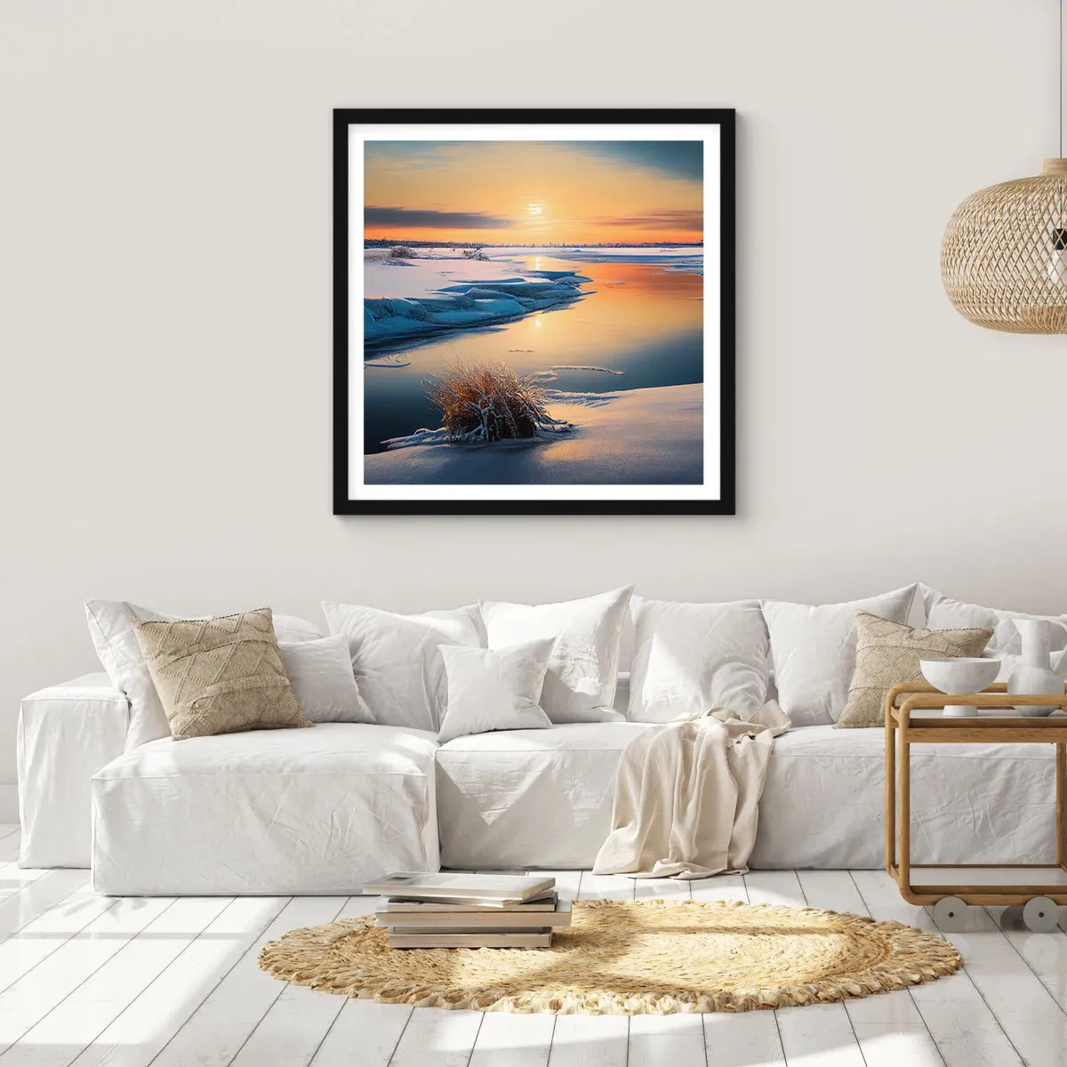 Poster în ramă neagră - Apus de soare pe timp de iarnă - 60x60 cm