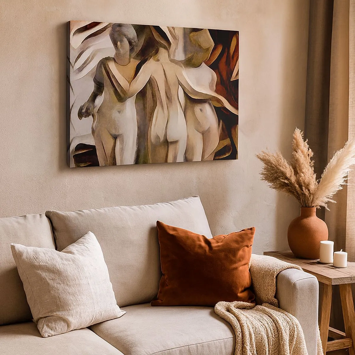 Tablou pe pânză Canvas - O scenă abstractă cu trei figuri în culori calde. - 70x50cm - Trei Grații 2.0 - Decorațiune modernă pentru perete pentru living și dormitor ARTTOR