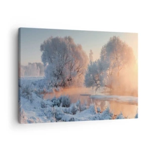 Tablou pe pânză Canvas - Peisaj de iarnă cu copaci acoperiți de zăpadă și un apus de soare - 70x50cm - Totul strălucește în cristal însorit - Decorațiune modernă pentru perete pentru living și dormitor ARTTOR
