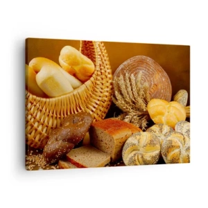 Tablou pe pânză Canvas - Diverse pâini într-un coș de răchită pe un fundal auriu - 70x50cm - Am scăpat din nou - Decorațiune modernă pentru perete pentru living și dormitor ARTTOR