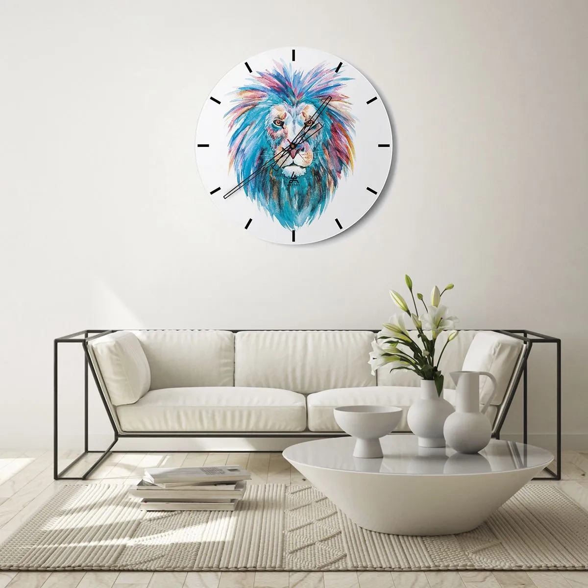 Ceas de perete - Ceas pe sticlă - Cap de leu în acuarelă, în albastru și roz - 30x30cm - Aură electrizantă - Decorațiune modernă pentru perete pentru living, bucătărie și dormitor ARTTOR