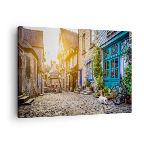 Tablou pe pânză Canvas - O stradă fermecătoare cu pavaj de piatră în lumina soarelui - 70x50cm - Fantoma albă a orașului - Decorațiune modernă pentru perete pentru living și dormitor ARTTOR