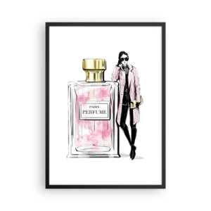 Poster în ramă neagră - O sticlă de parfum elegantă cu silueta unei femei stilate - 50x70cm - Senzualitate pariziană - Decorațiune modernă pentru perete pentru living și dormitor ARTTOR