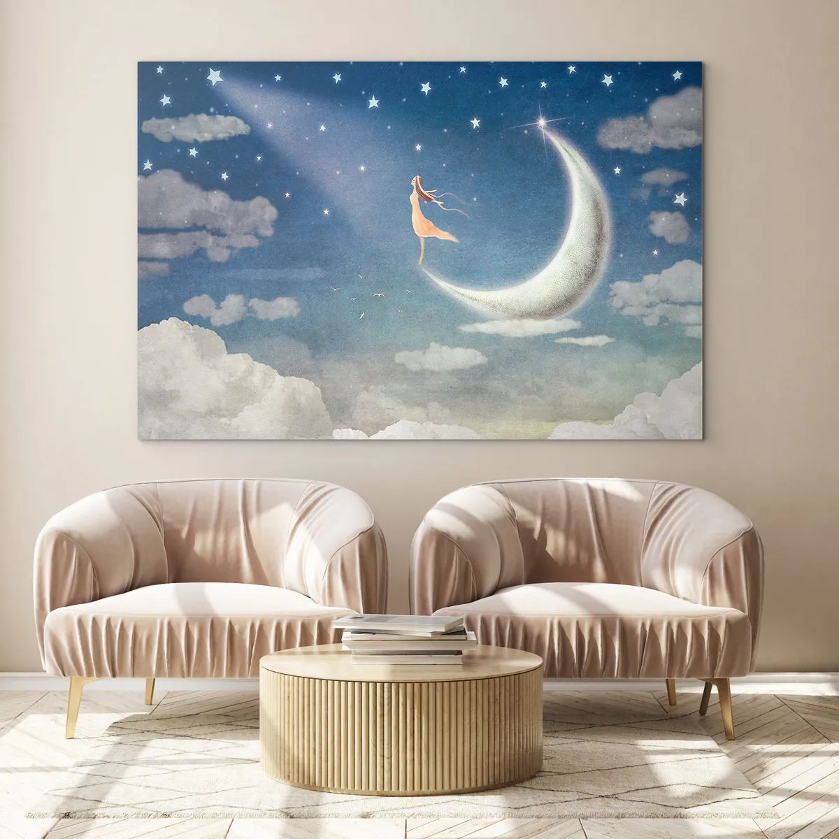 Tablou pe sticlă - O femeie într-o rochie lejeră stând pe lună pe un cer înstelat. - 70x50cm - Provocatoare în albastru - Decorațiune modernă pentru perete pentru living și dormitor ARTTOR