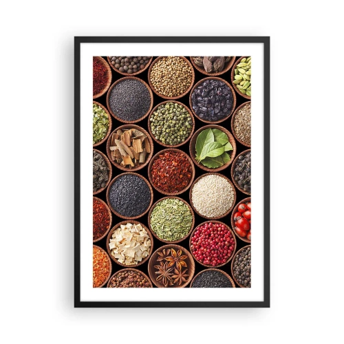 Poster în ramă neagră - Condimente colorate în boluri mici de lemn - 50x70cm - Toate gusturile lumii - Decorațiune modernă pentru perete pentru living și dormitor ARTTOR