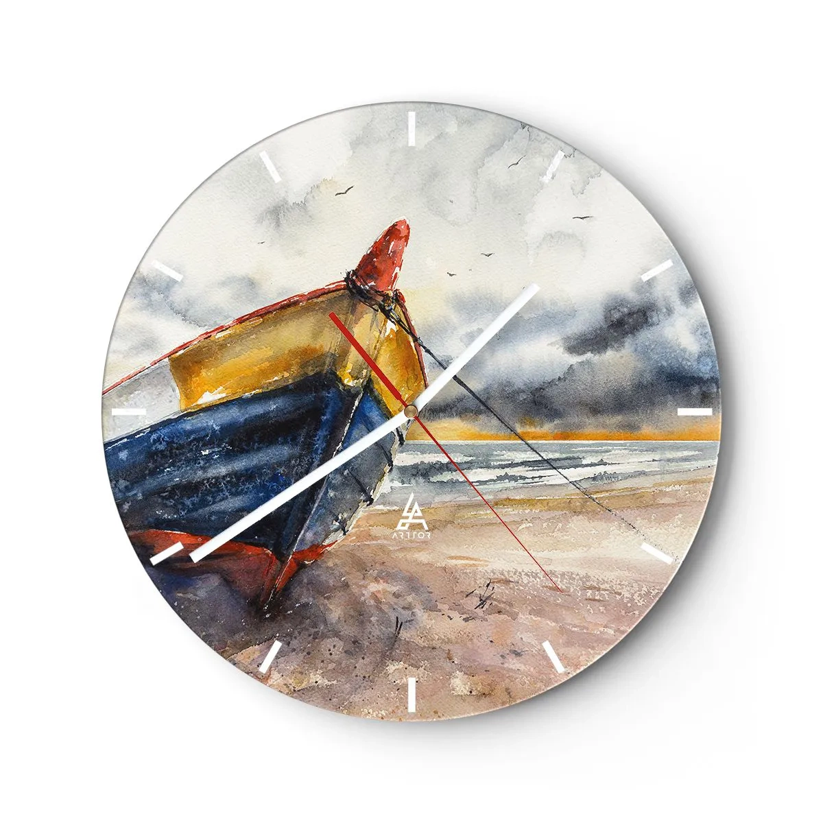 Ceas de perete - Ceas pe sticlă - O barcă colorată pe o plajă cu nisip, într-un stil pictural - 30x30cm - Se odihnește pe țărm - Decorațiune modernă pentru perete pentru living, bucătărie și dormitor ARTTOR
