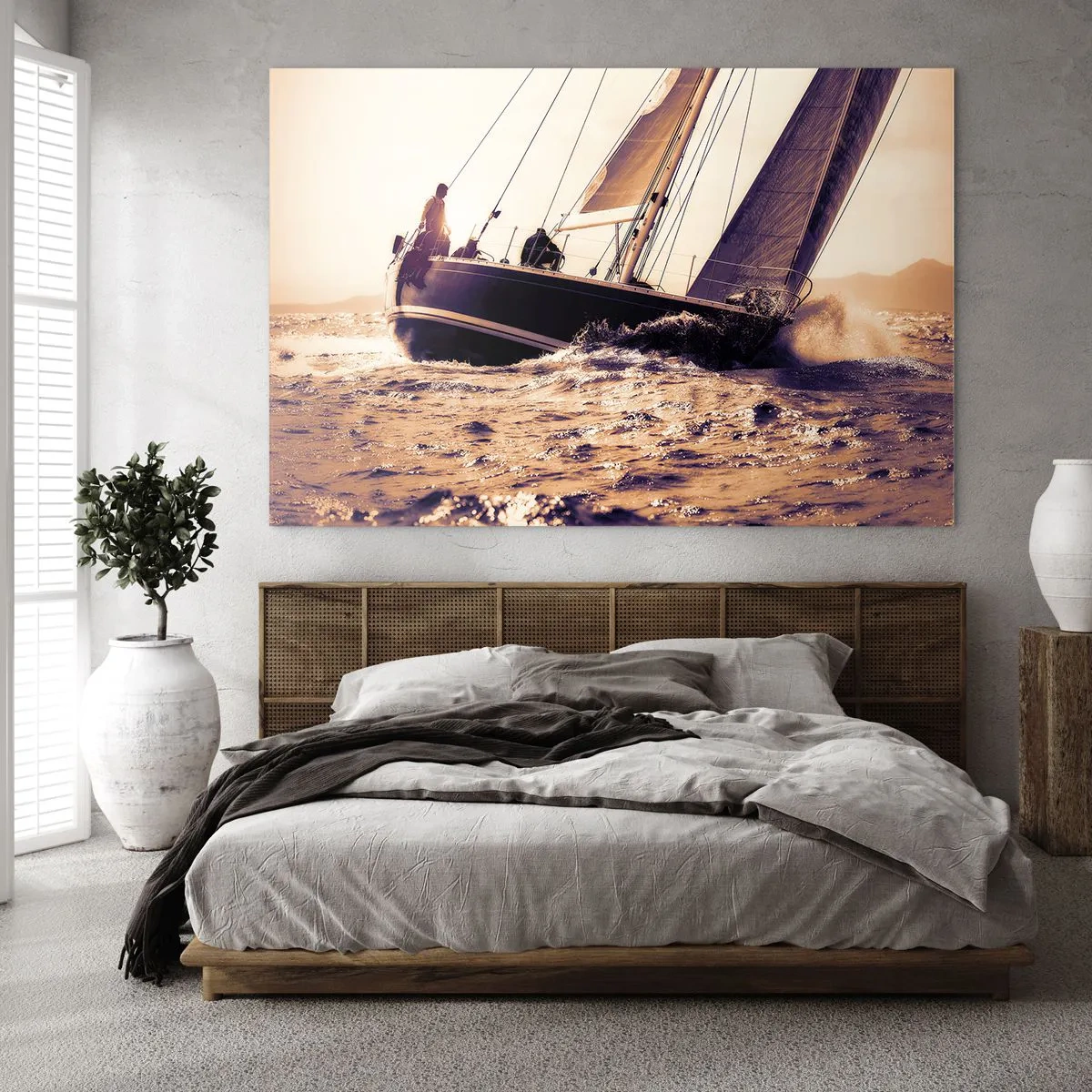 Tablou pe sticlă - O barcă cu pânze pe o mare furtunoasă în nuanțe calde - 70x50cm - Pânzele sunt gata - Decorațiune modernă pentru perete pentru living și dormitor ARTTOR