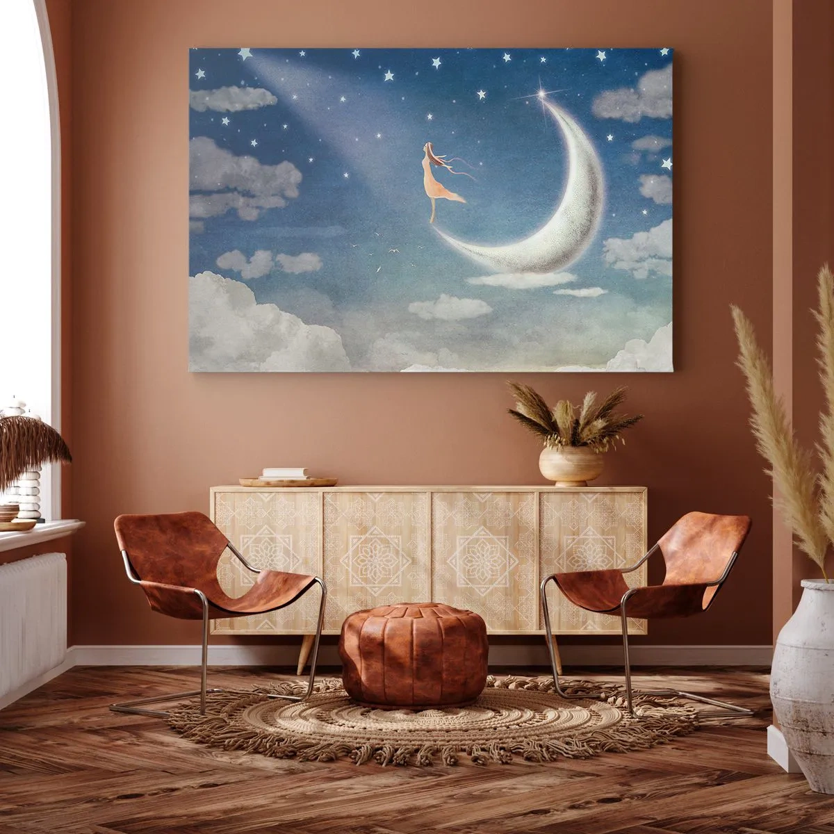 Tablou pe pânză Canvas - O femeie pe lună înconjurată de stele și nori - 70x50cm - Provocatoare în albastru - Decorațiune modernă pentru perete pentru living și dormitor ARTTOR