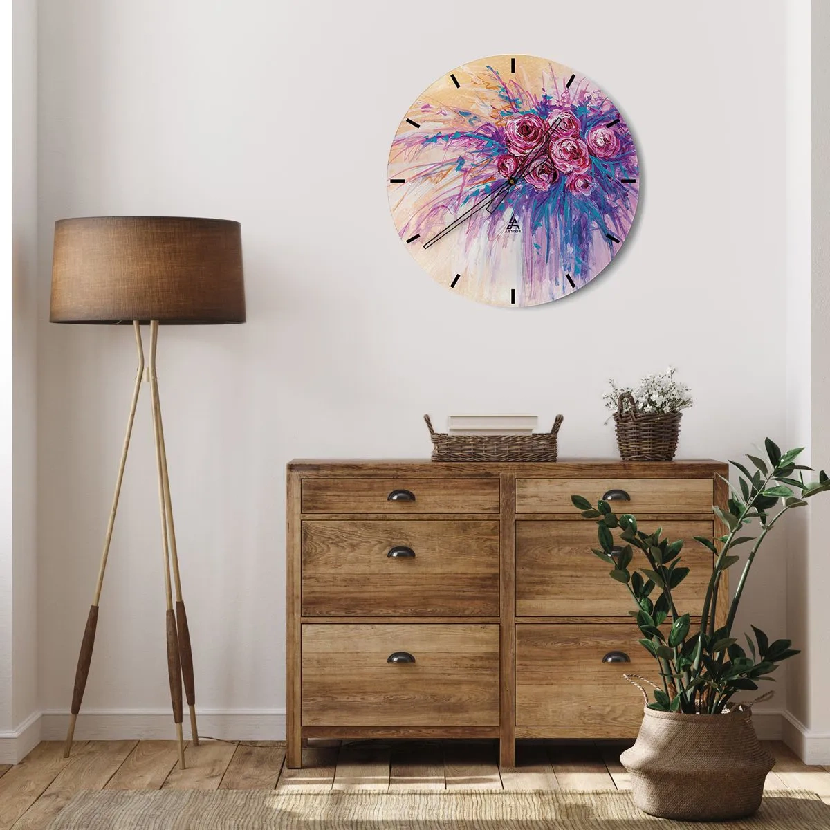 Ceas de perete - Ceas pe sticlă - Buchet de trandafiri abstract într-un stil artistic - 30x30cm - Fântână de trandafiri - Decorațiune modernă pentru perete pentru living, bucătărie și dormitor ARTTOR