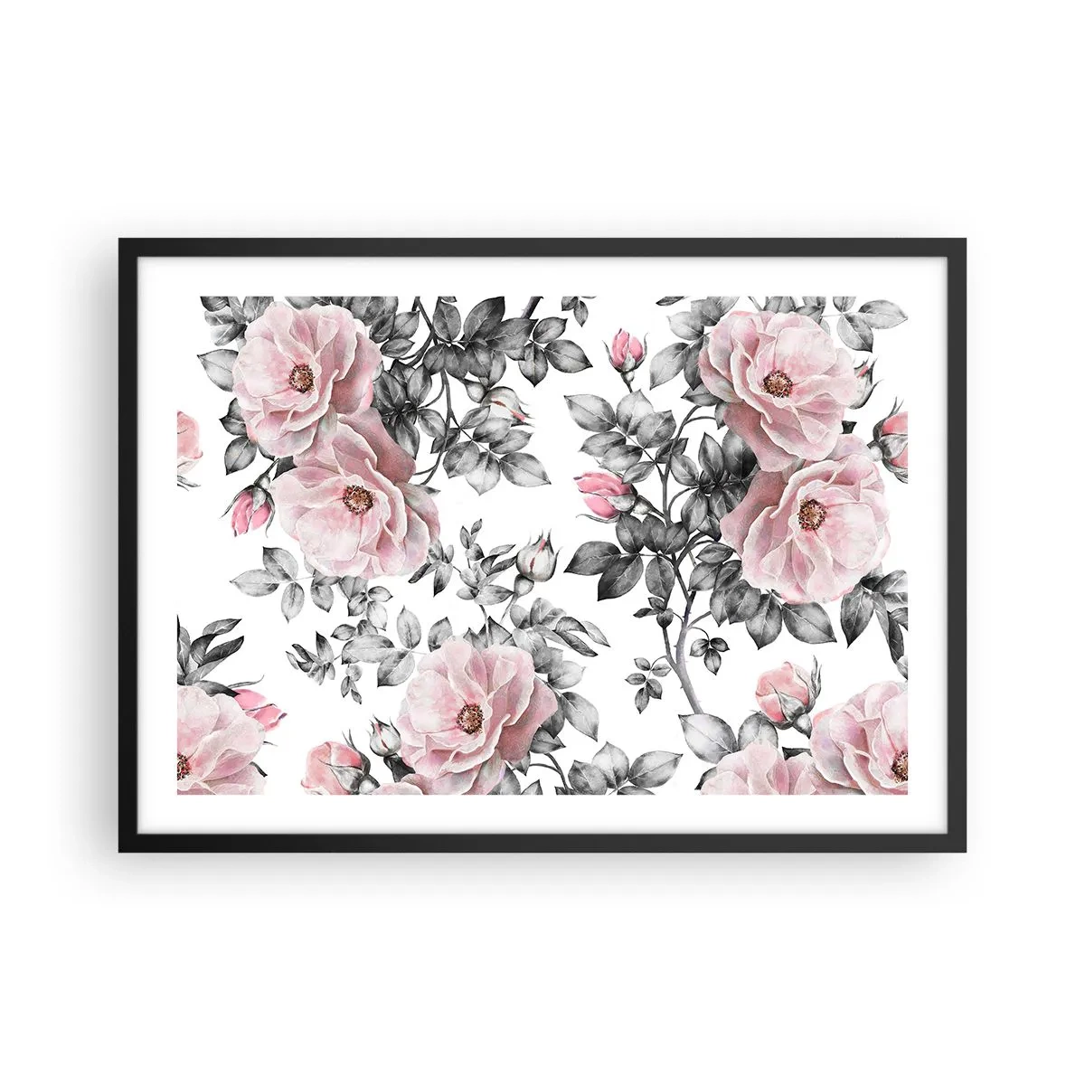 Poster în ramă neagră - Pierde-te în florile de trandafir - 70x50 cm