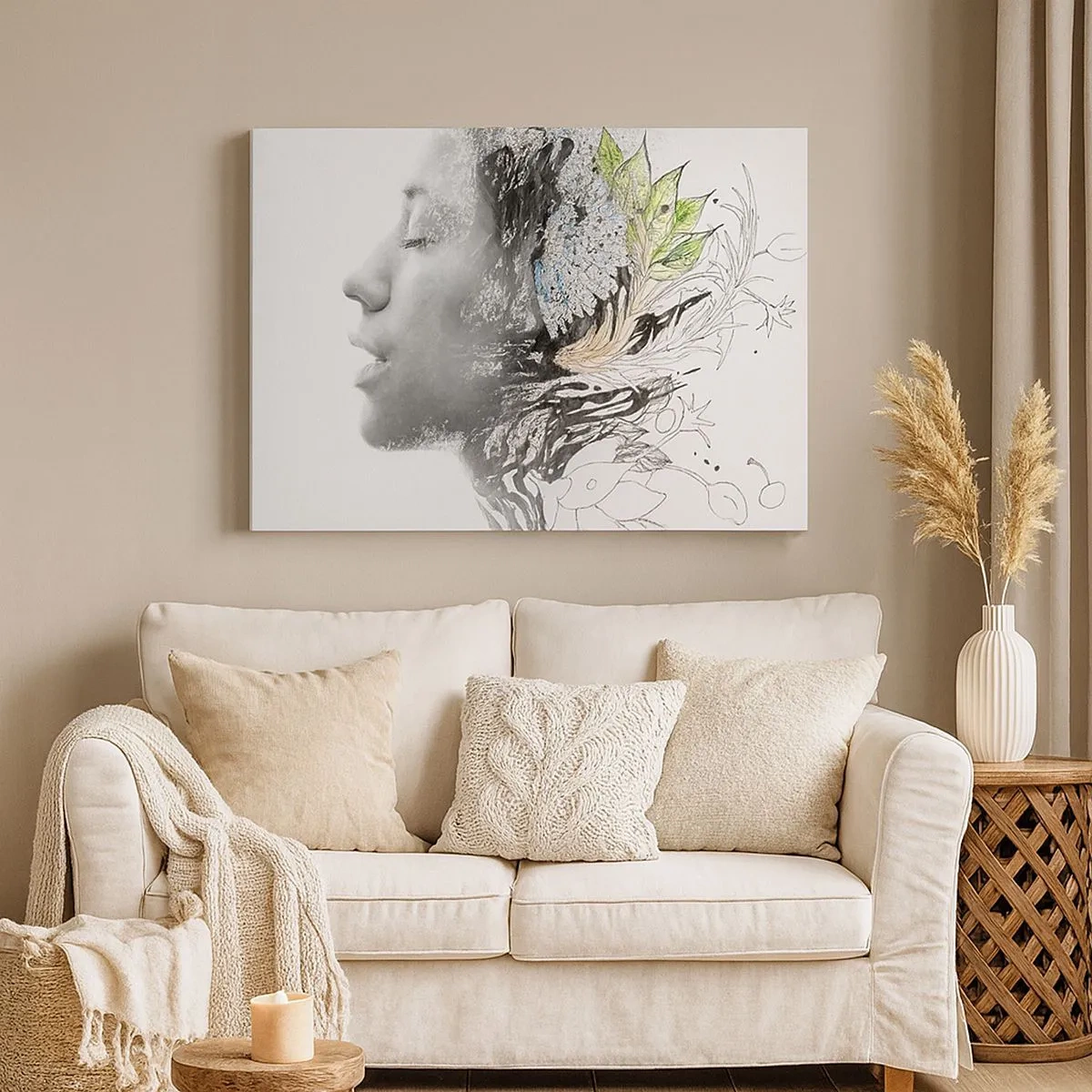 Tablou pe pânză Canvas - Profilul unei femei într-un colaj artistic de natură și negru - 70x50cm - Scufundată în natură - Decorațiune modernă pentru perete pentru living și dormitor ARTTOR