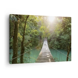 Tablou pe pânză Canvas - Un pod suspendat într-o pădure tropicală iluminat de lumina soarelui. - 70x50cm - Peste apa de azur spre pădurea de azur - Decorațiune modernă pentru perete pentru living și dormitor ARTTOR