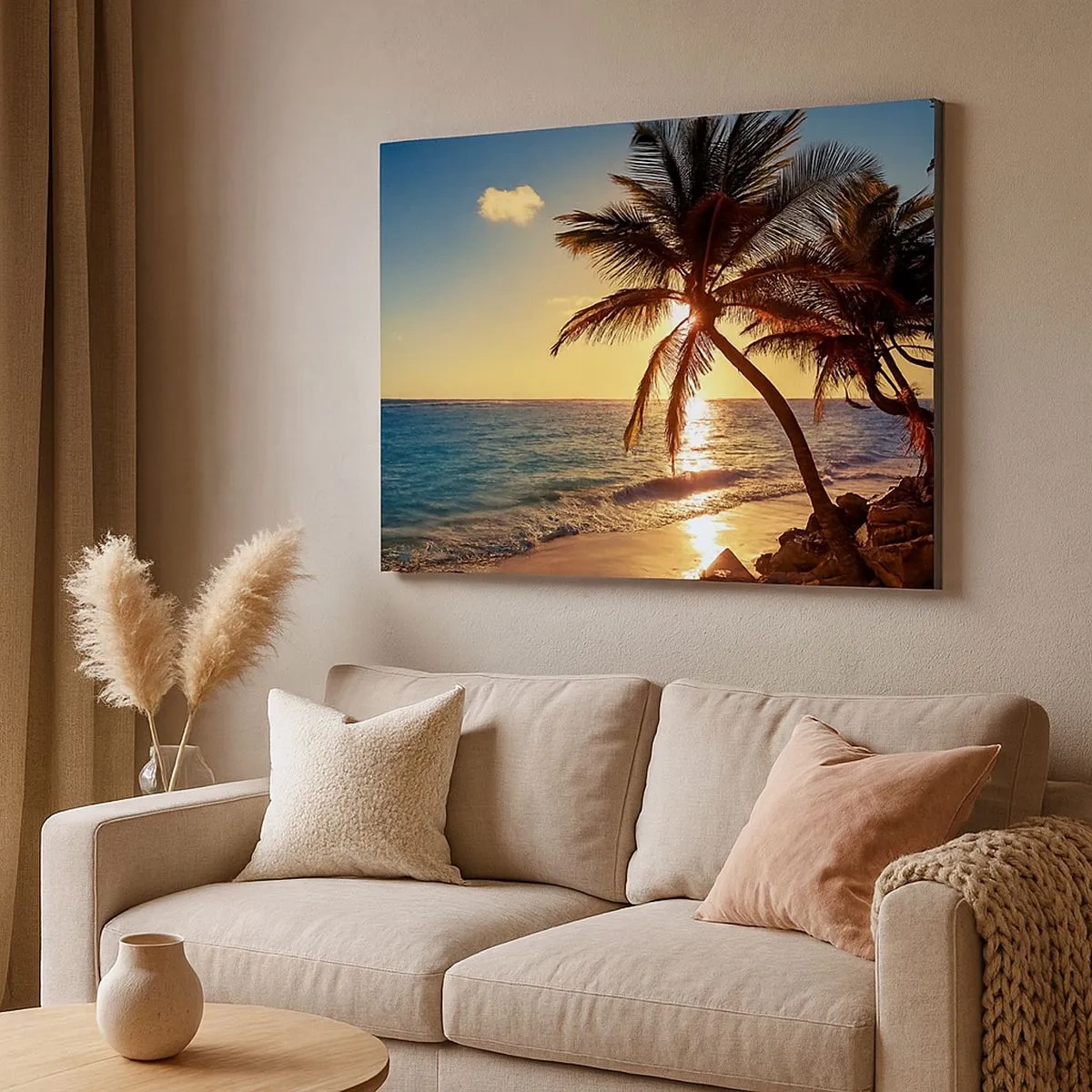 Tablou pe pânză Canvas - Apus de soare tropical peste o plajă cu palmieri - 70x50cm - Vara sub palmieri - Decorațiune modernă pentru perete pentru living și dormitor ARTTOR