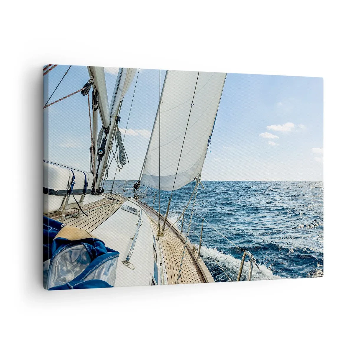 Tablou pe pânză Canvas - O barcă cu pânze pe o mare calmă sub un cer albastru - 70x50cm - Ahoy aventura - Decorațiune modernă pentru perete pentru living și dormitor ARTTOR