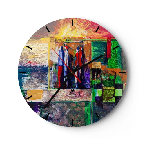 Ceas de perete - Ceas pe sticlă - O pictură abstractă cu figuri în culori intense. - 30x30cm - Relații și emoții - Decorațiune modernă pentru perete pentru living, bucătărie și dormitor ARTTOR