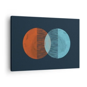 Tablou pe pânză Canvas - Două cercuri portocalii și albastre pe un fundal întunecat - 70x50cm - Fantezie astronomică - Decorațiune modernă pentru perete pentru living și dormitor ARTTOR