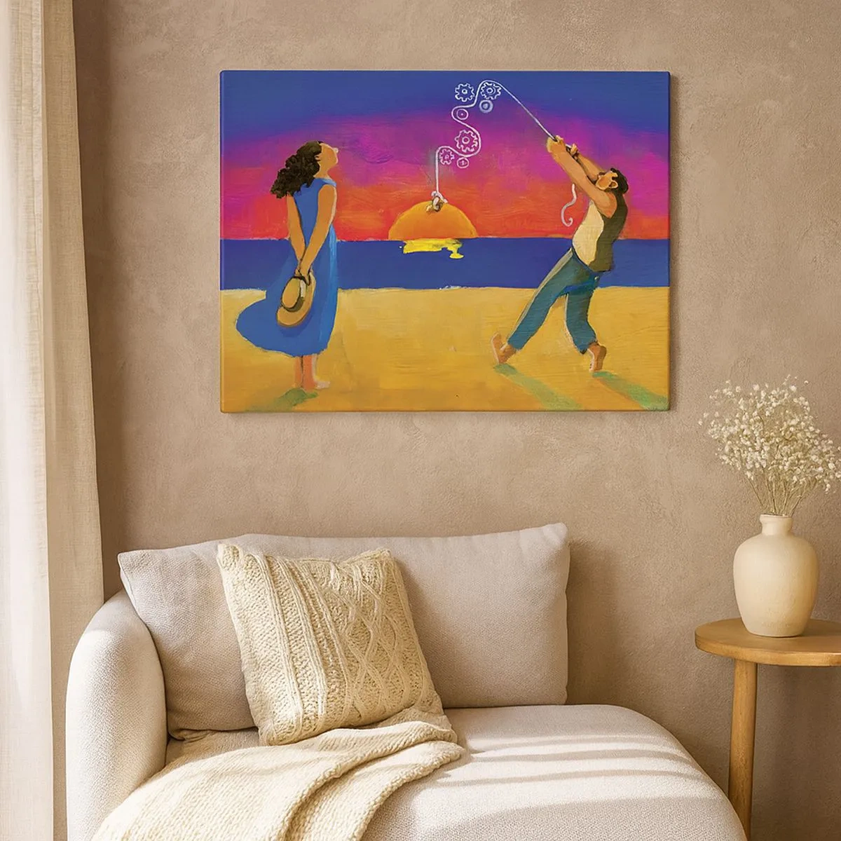 Tablou pe pânză Canvas - Figuri lângă mare la apus - 70x50cm - Mai mult decât o stea din cer - Decorațiune modernă pentru perete pentru living și dormitor ARTTOR