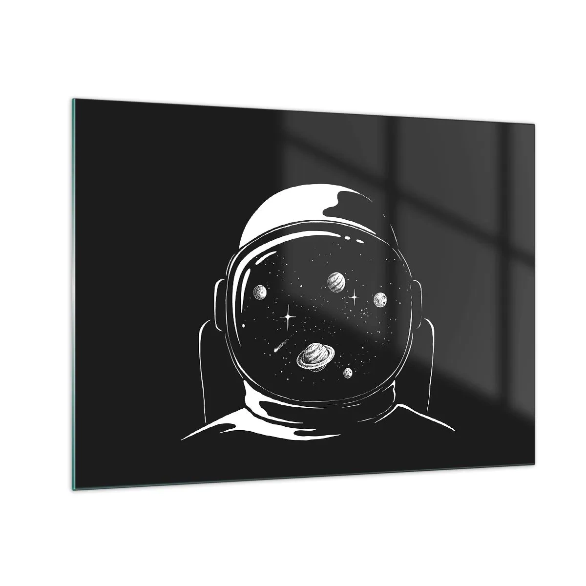 Tablou pe sticlă - Astronaut cu stele și planete în cască pe fundal negru - 70x50cm - Mișto priveliște - Decorațiune modernă pentru perete pentru living și dormitor ARTTOR