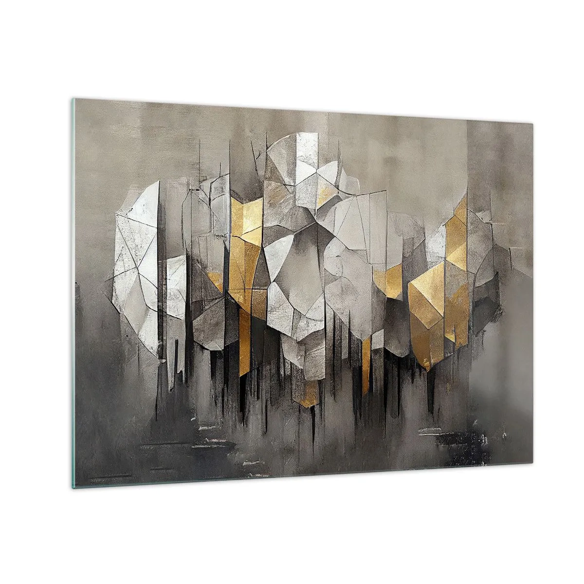 Tablou pe sticlă - Forme abstracte în nuanțe de gri, alb și auriu - 70x50cm - Compoziție de gheață și lumină - Decorațiune modernă pentru perete pentru living și dormitor ARTTOR