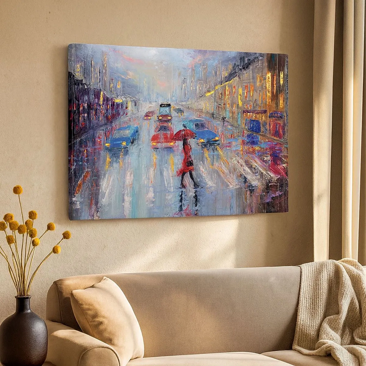 Tablou pe pânză Canvas - O femeie cu o umbrelă pe o stradă ploioasă, în lumina neonului. - 70x50cm - O după-amiază ploioasă în oraș - Decorațiune modernă pentru perete pentru living și dormitor ARTTOR