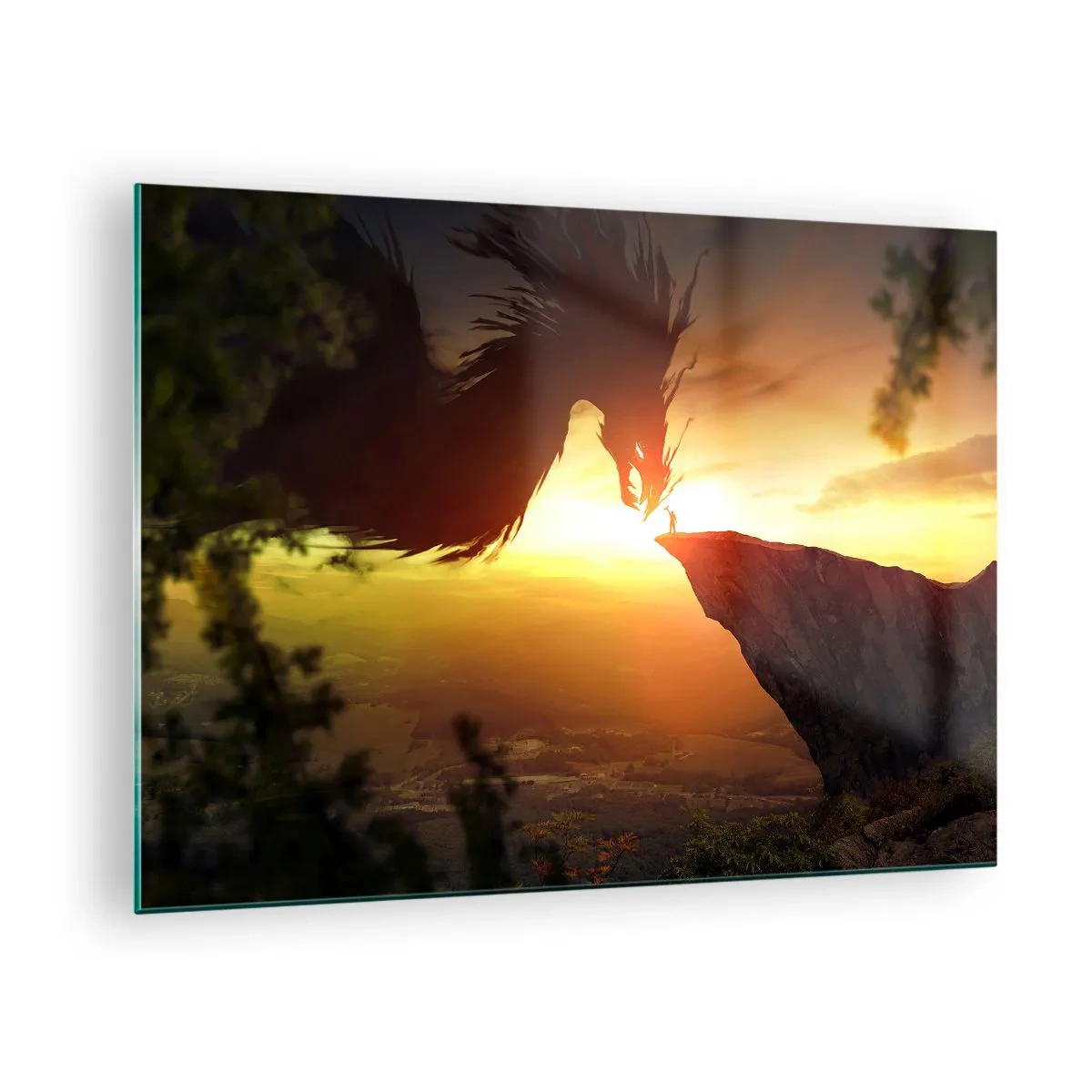 Tablou pe sticlă - Un dragon în strălucirea soarelui care apune peste o stâncă - 70x50cm - Vânător de dragoni - Decorațiune modernă pentru perete pentru living și dormitor ARTTOR