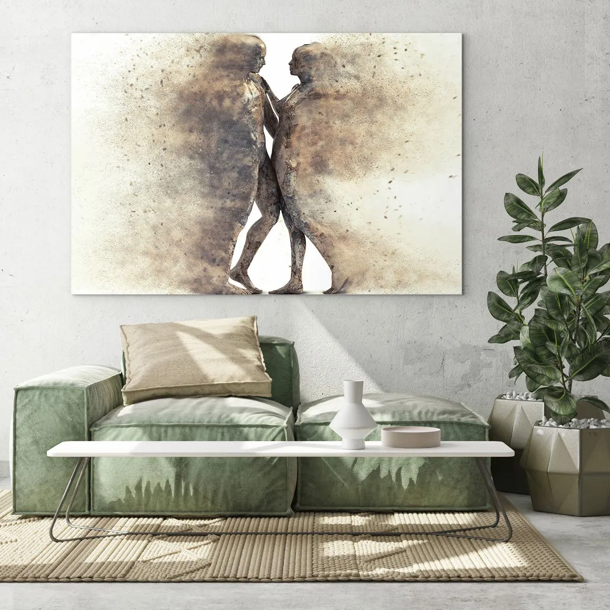 Tablou pe sticlă - Siluete abstracte a două figuri într-un stil prăfuit - 70x50cm - Din praf s-au ridicat la iubire - Decorațiune modernă pentru perete pentru living și dormitor ARTTOR