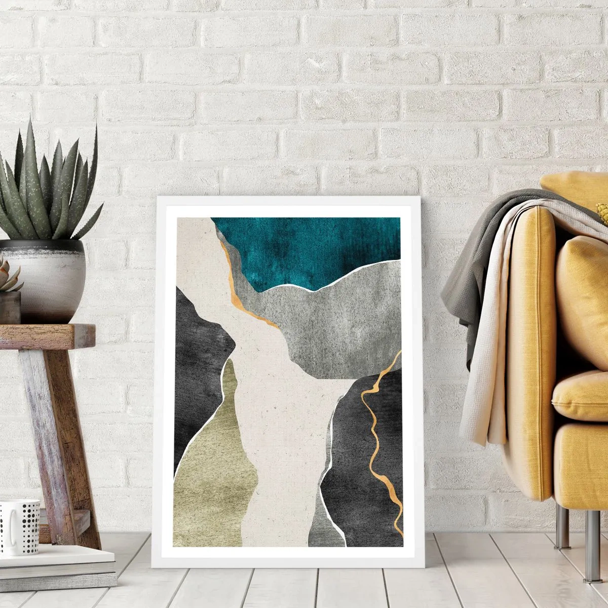 Poster în ramă albă - Compoziție mozaic cu fir de aur - 70x100 cm