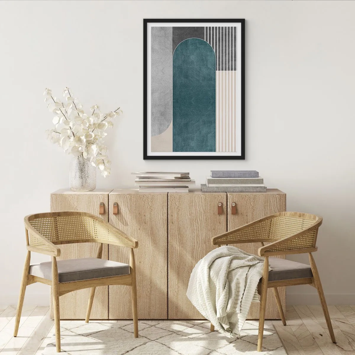 Poster în ramă neagră - Compoziție geometrică în nuanțe de verde și gri - 50x70cm - Compoziție de nivel - Decorațiune modernă pentru perete pentru living și dormitor ARTTOR