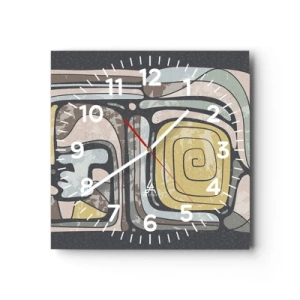 Ceas de perete - Ceas pe sticlă - Abstracție în spirit precolumbian - 30x30 cm