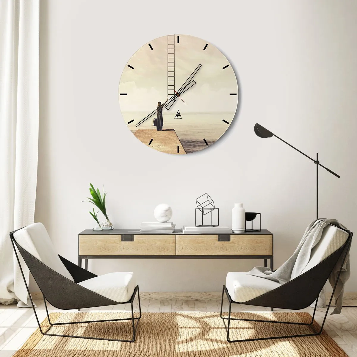 Ceas de perete - Ceas pe sticlă - O femeie pe un dig arătând spre o scară care duce spre rai. - 30x30cm - O călătorie conceptuală - Decorațiune modernă pentru perete pentru living, bucătărie și dormitor ARTTOR