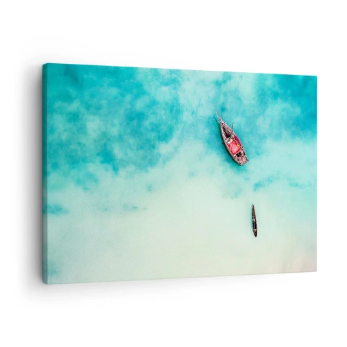 Tablou pe pânză Canvas - Bărci pe ape turcoaz văzute din perspectiva unei păsări - 70x50cm - Pe plajele din Zanzibar, când apele în exces... - Decorațiune modernă pentru perete pentru living și dormitor ARTTOR