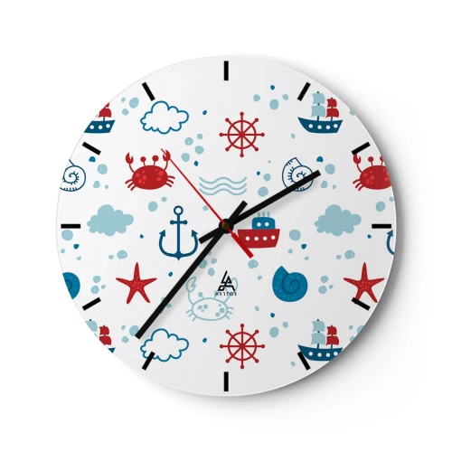 Ceas de perete - Ceas pe sticlă - Motive nautice în culorile alb, albastru și roșu - 30x30cm - O poveste maritimă - Decorațiune modernă pentru perete pentru living, bucătărie și dormitor ARTTOR
