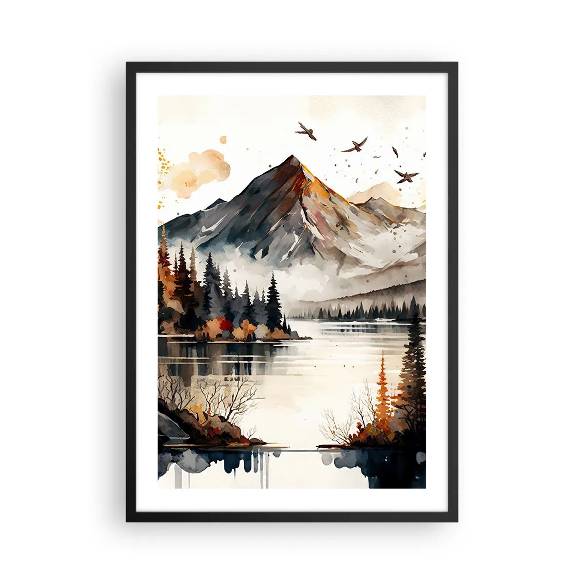 Poster în ramă neagră - Peisaj montan de toamnă peste un lac liniștit - 50x70cm - Toamna de aur în munți - Decorațiune modernă pentru perete pentru living și dormitor ARTTOR