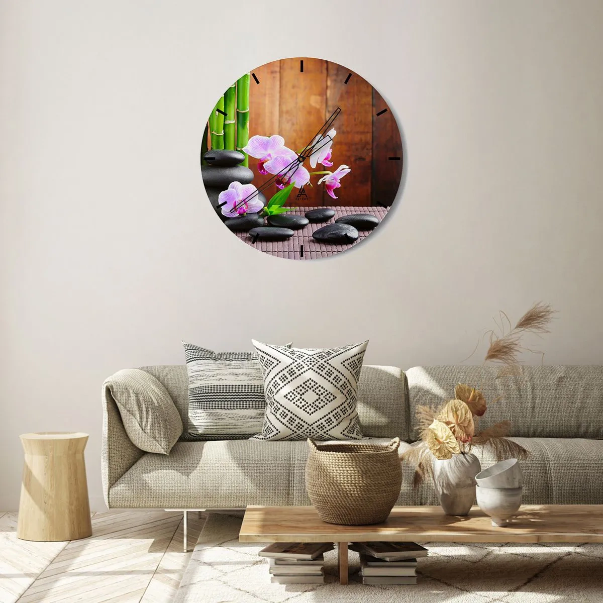Ceas de perete - Ceas pe sticlă - Orhidee violete cu bambus și pietre - 30x30cm - Experimentați deliciile Orientului - Decorațiune modernă pentru perete pentru living, bucătărie și dormitor ARTTOR