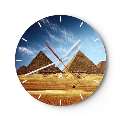 Ceas de perete - Ceas pe sticlă - Piramidele din Giza pe fundalul cerului albastru - 30x30cm - 40 de secole vă privesc - Decorațiune modernă pentru perete pentru living, bucătărie și dormitor ARTTOR