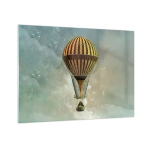 Tablou pe sticlă - Un balon stilizat pe fundalul unui cer înstelat și al norilor. - 70x50cm - Zboruri de pionierat - Decorațiune modernă pentru perete pentru living și dormitor ARTTOR