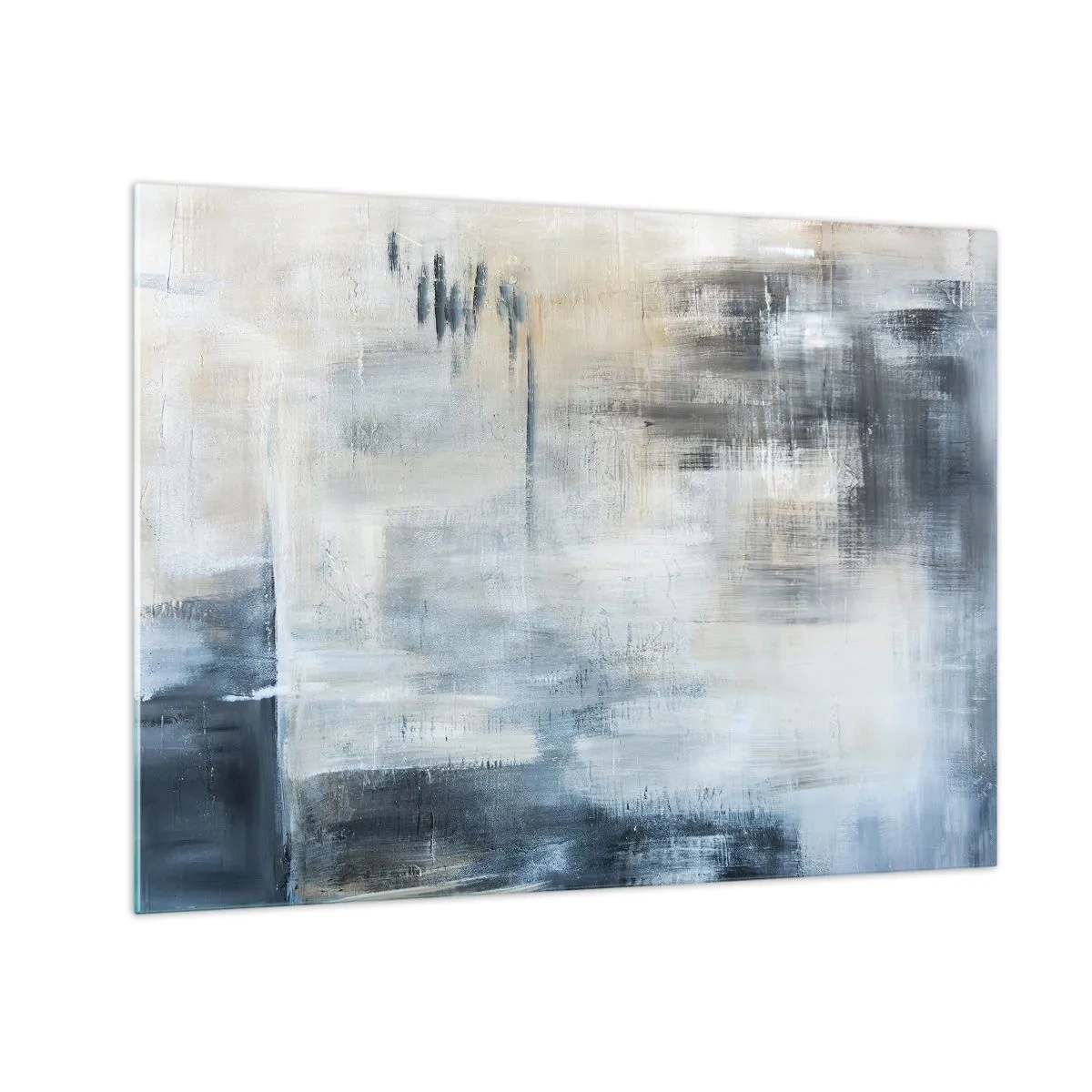 Tablou pe sticlă - Compoziție abstractă în nuanțe de albastru și gri - 70x50cm - În spatele unui voal albastru - Decorațiune modernă pentru perete pentru living și dormitor ARTTOR