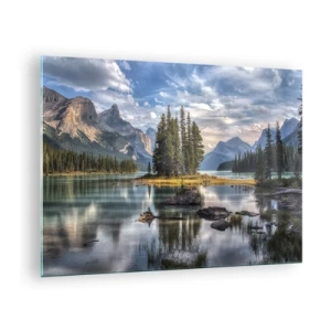Tablou pe sticlă - Un lac pitoresc cu o insulă și munți în fundal - 70x50cm - La o apă mare și limpede… - Decorațiune modernă pentru perete pentru living și dormitor ARTTOR
