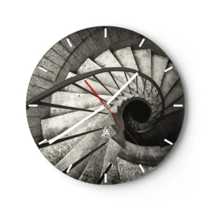 Ceas de perete - Ceas pe sticlă - Scară spiralată alb-negru cu vedere descendentă și dispunere geometrică a treptelor - 30x30cm - În sus și în jos - Decorațiune modernă pentru perete pentru living, bucătărie și dormitor ARTTOR