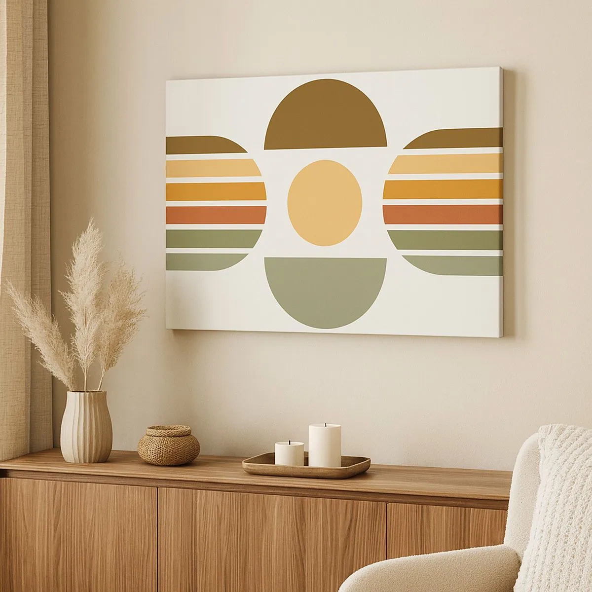 Tablou pe pânză Canvas - Compoziție geometrică cu semicercuri și dungi în tonuri pământii - 70x50cm - În culorile pământului - Decorațiune modernă pentru perete pentru living și dormitor ARTTOR