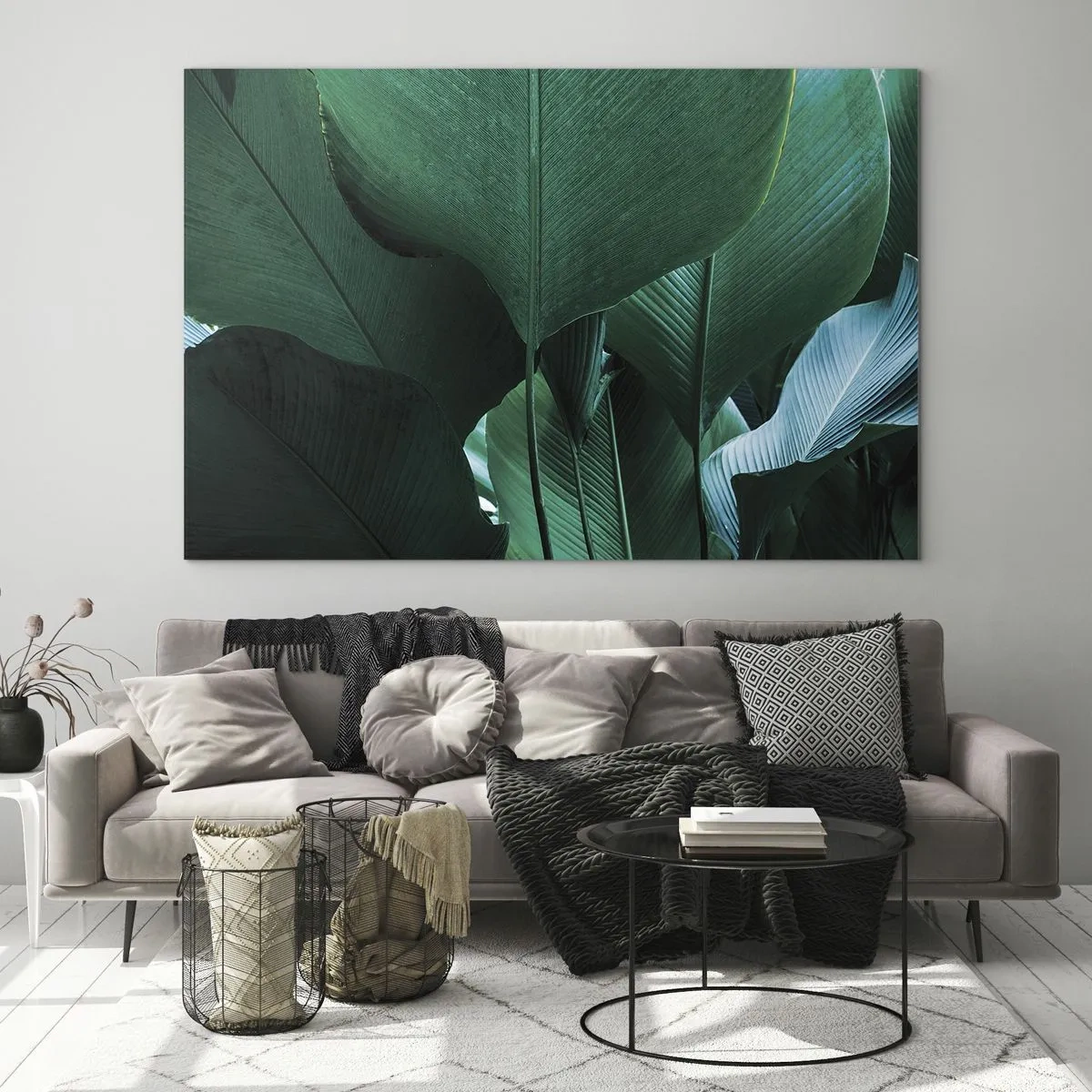 Tablou pe sticlă - Frunze tropicale în nuanțe intense de verde - 70x50cm - Cu frunza la lumină - Decorațiune modernă pentru perete pentru living și dormitor ARTTOR