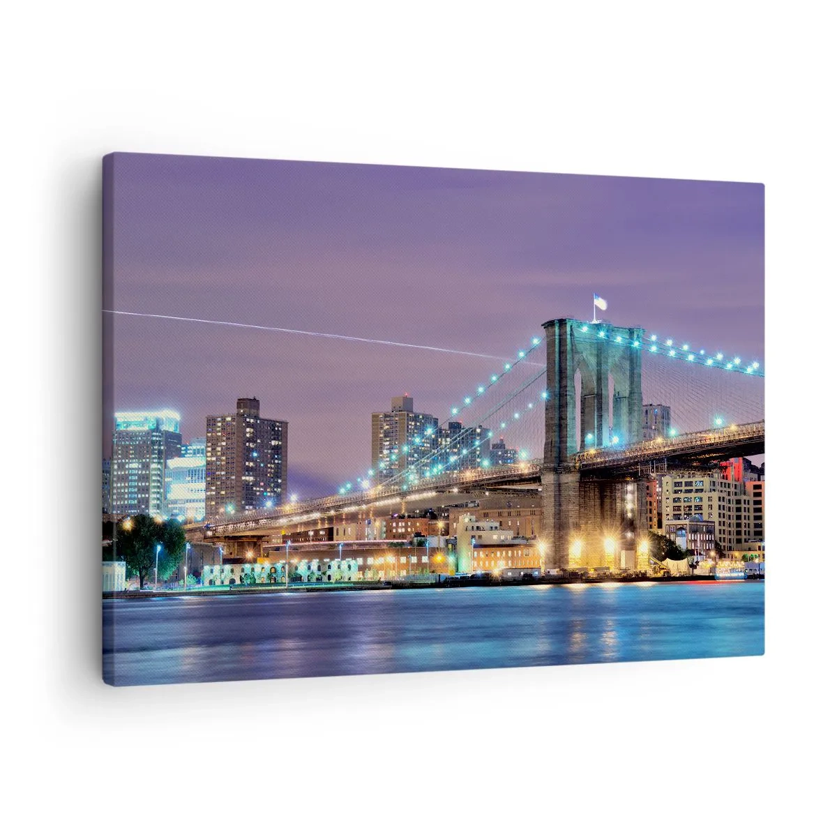 Tablou pe pânză Canvas - Podul Brooklyn noaptea, cu orașul iluminat în fundal - 70x50cm - De mulți ani, Podul Brooklyn - Decorațiune modernă pentru perete pentru living și dormitor ARTTOR